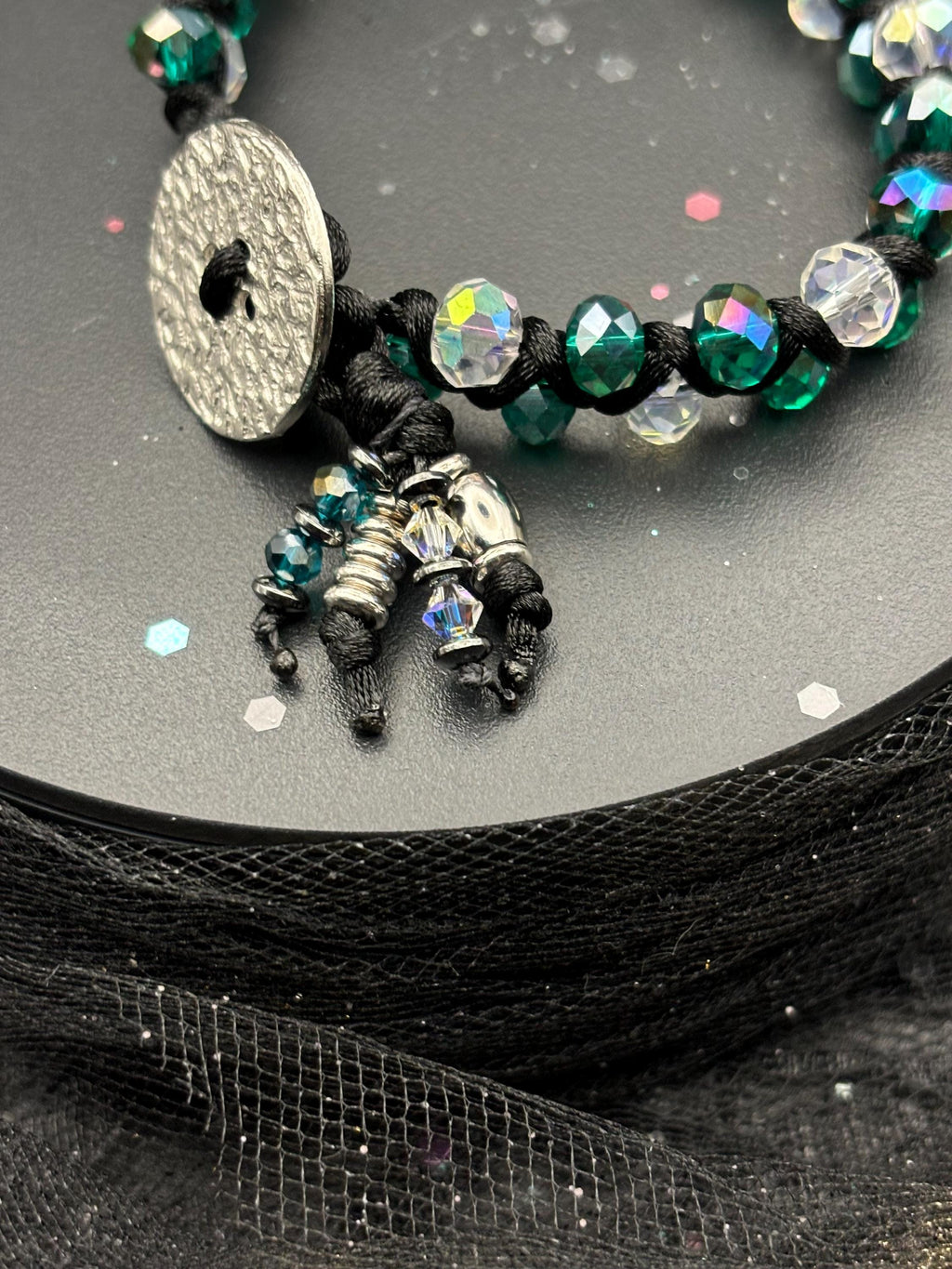 Forest Prism – Braided Crystal Glass & Hematite Macramé Bracelet