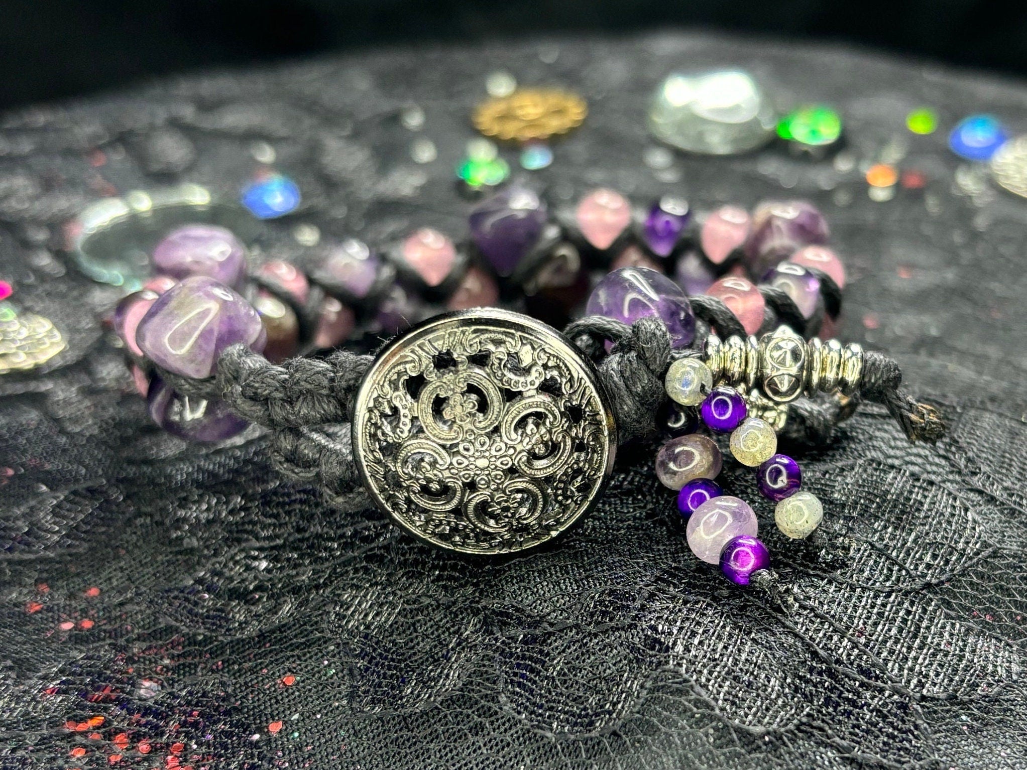 Macrame Crystal Bracelet: Strawberry Quartz, Amethyst & Purple Tiger's Eye