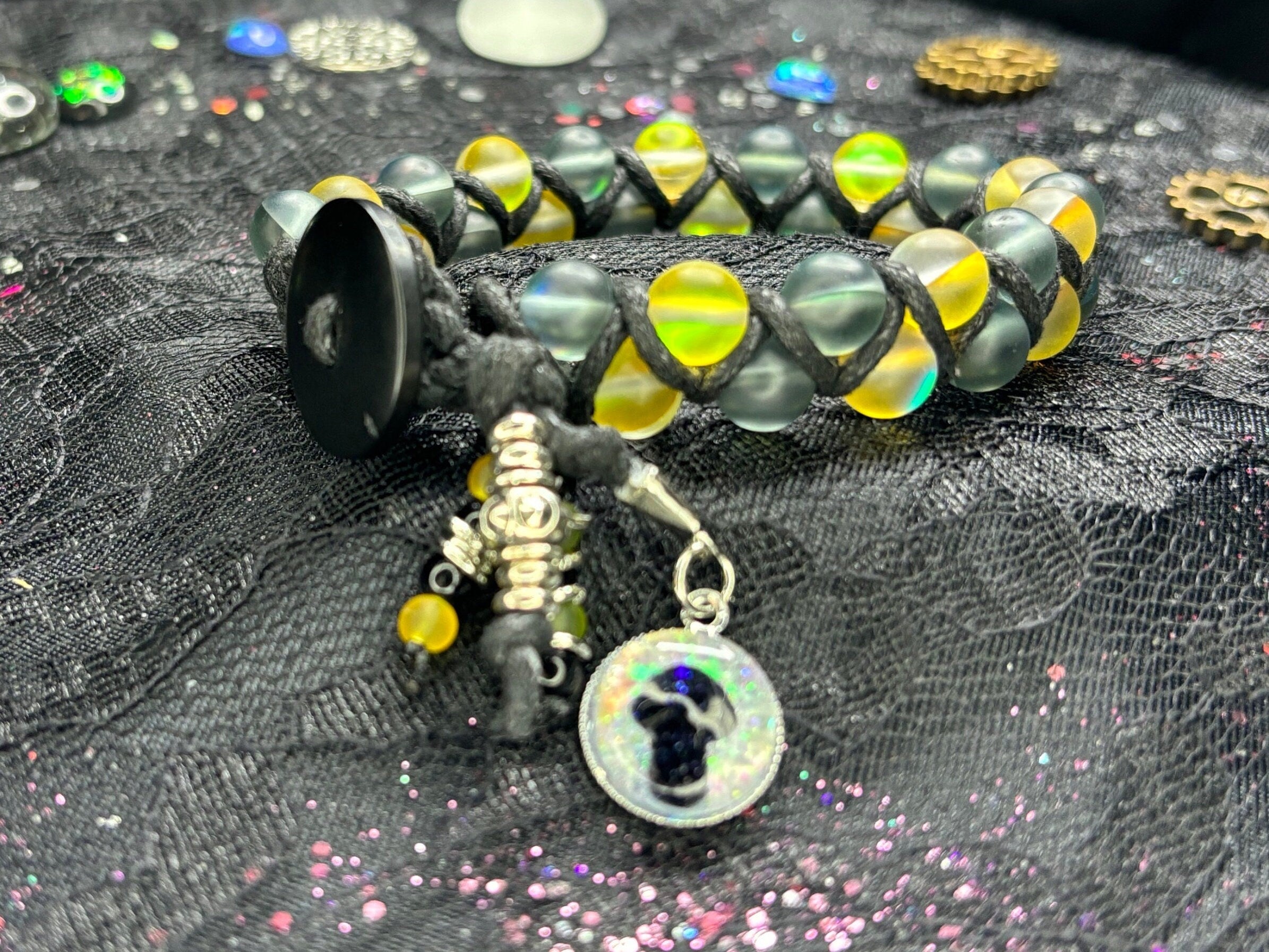 Iridescent Glass Bead Bracelet: Yellow, Gray, & Silver - Barely Cursed™