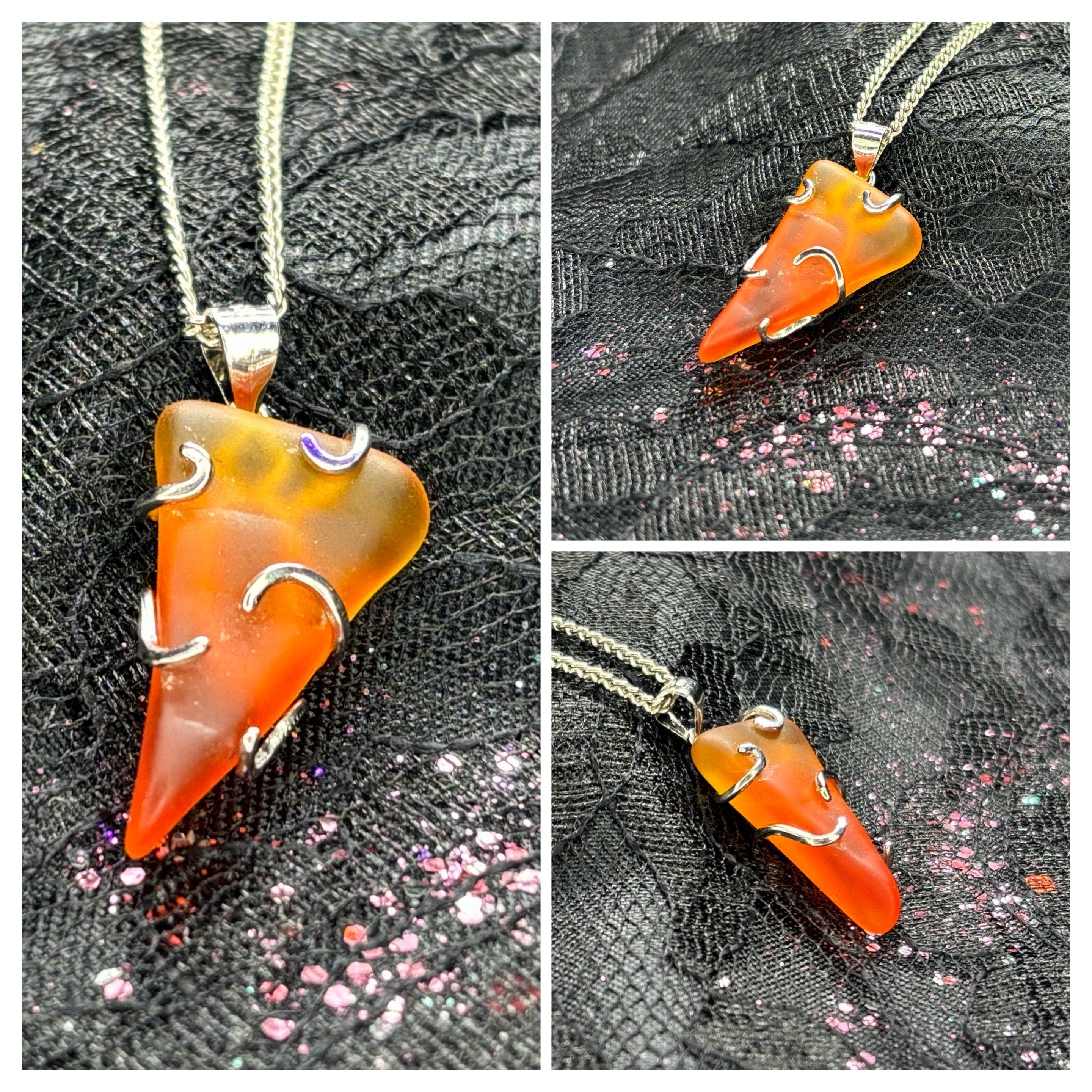 Barely Cursed Claw Pendant – Glowing Orange Cadmium Glass in Sterling Setting