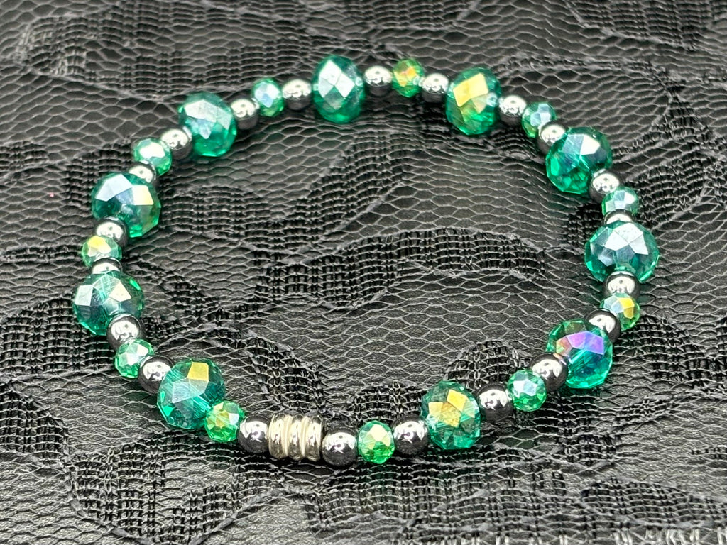 Emerald Gleam Duo – Hematite & Crystal Glass Bracelet Set