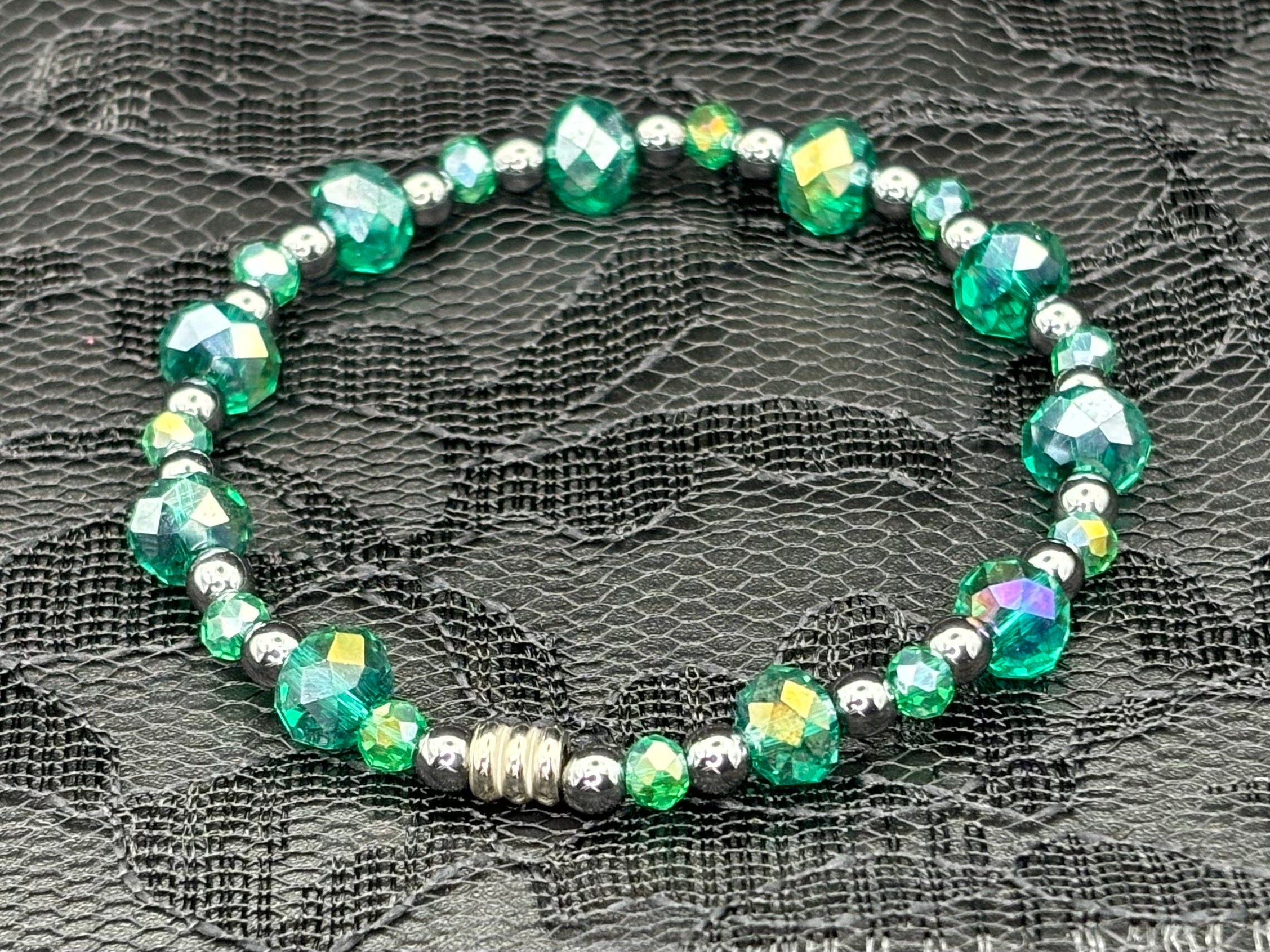 Emerald Gleam Duo – Hematite & Crystal Glass Bracelet Set