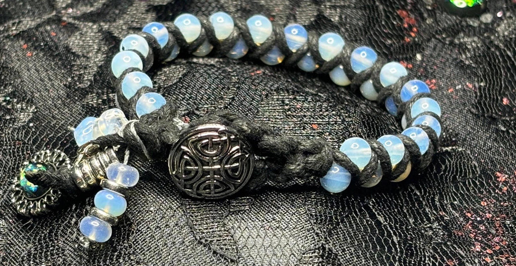 Opaline Moon Bead Macrame Bracelet: Celtic Knot Clasp, Witchcore Jewelry