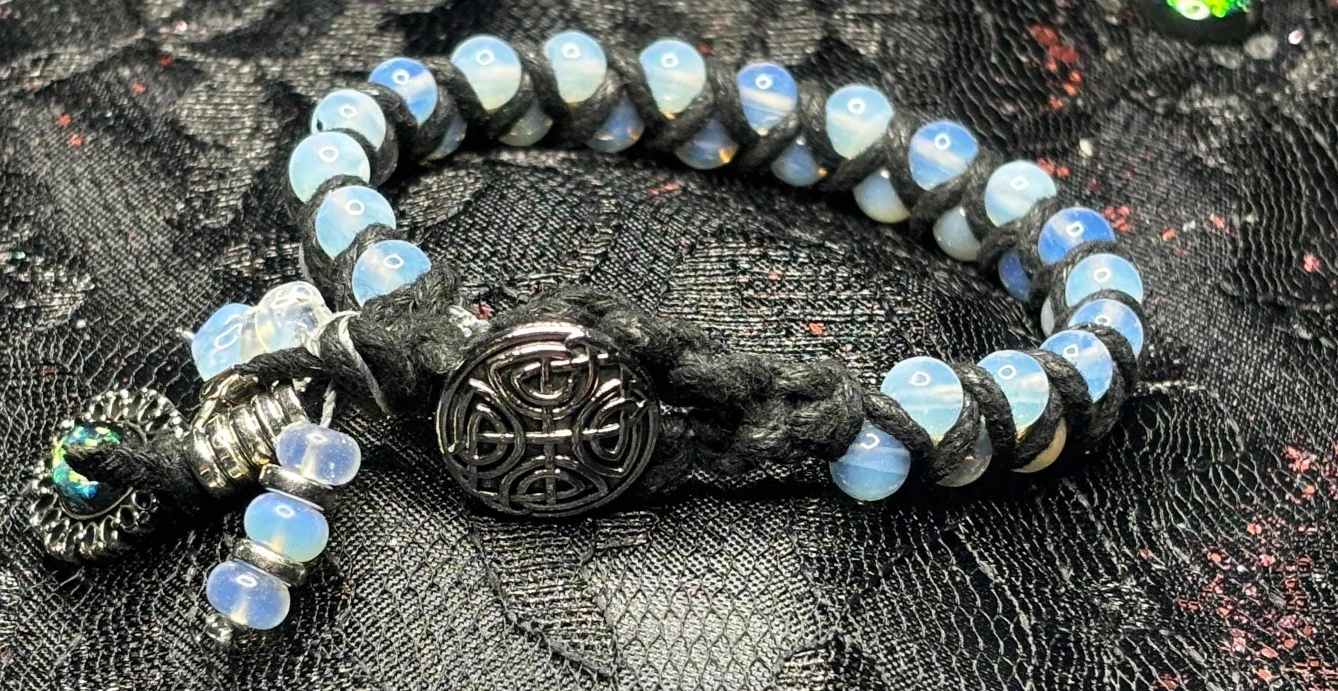 Opaline Moon Bead Macrame Bracelet: Celtic Knot Clasp, Witchcore Jewelry
