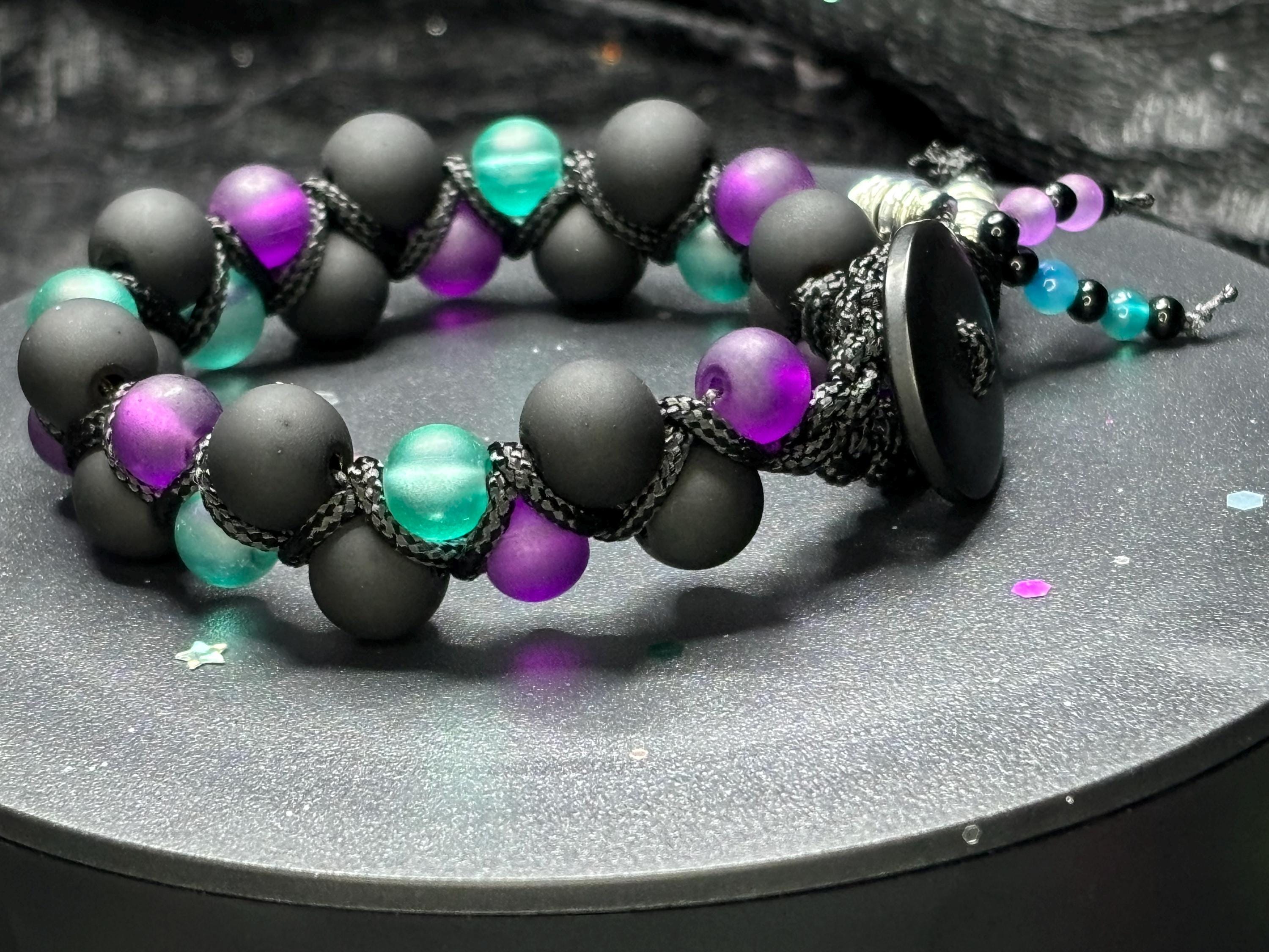 Black Cord Glass Bead Bracelet – Purple and Teal Awareness Colors | Handmade Support Gift | Domestic Violence & Suicide Awareness Jewelry