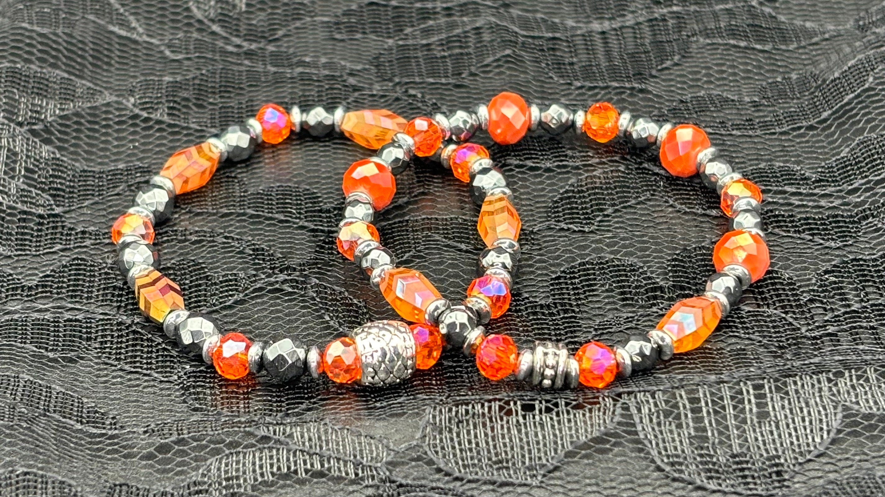 Barely Cursed Duo: Fire Glass & Hematite Crystal Bracelets