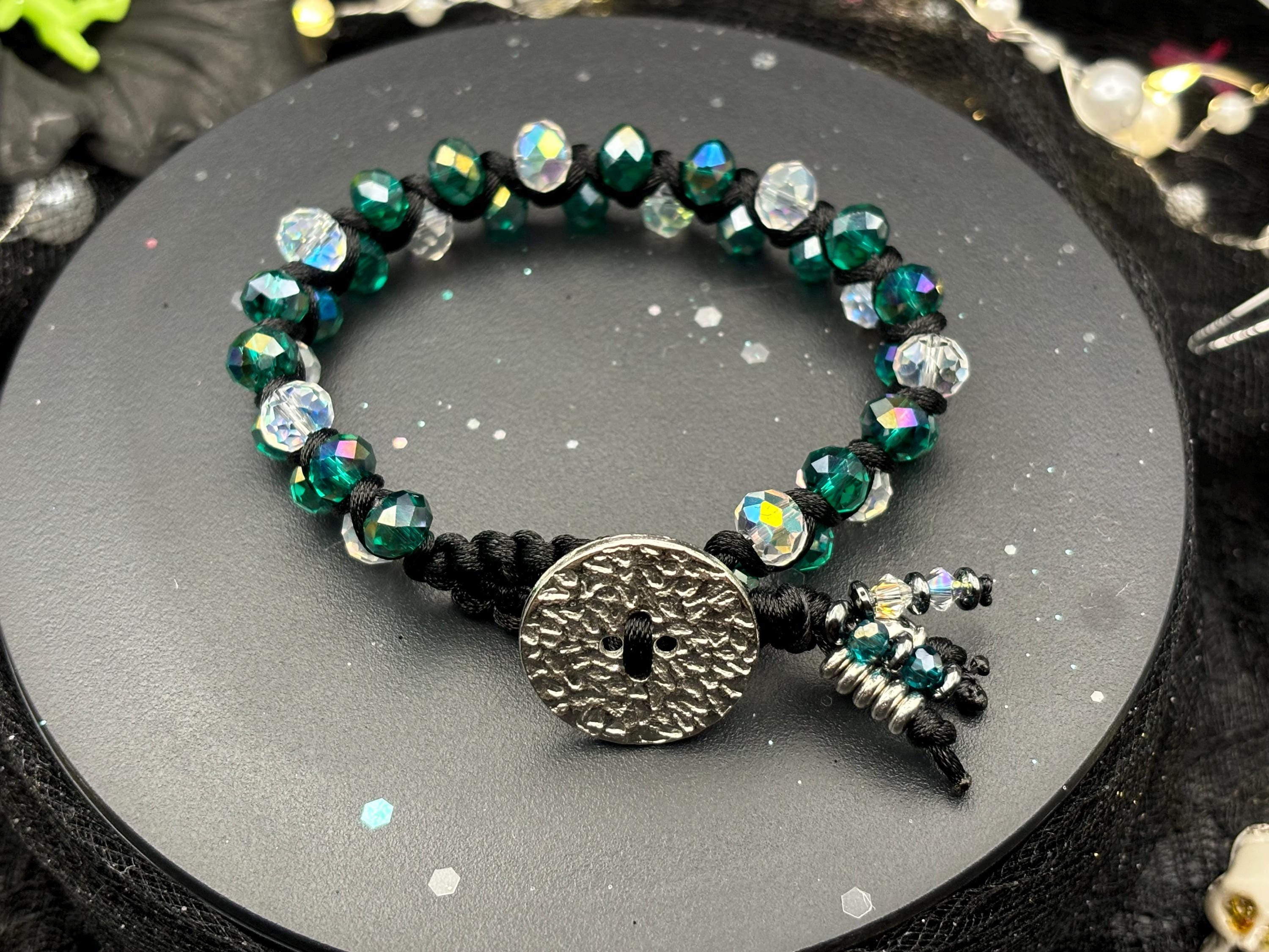 Forest Prism – Braided Crystal Glass & Hematite Macramé Bracelet