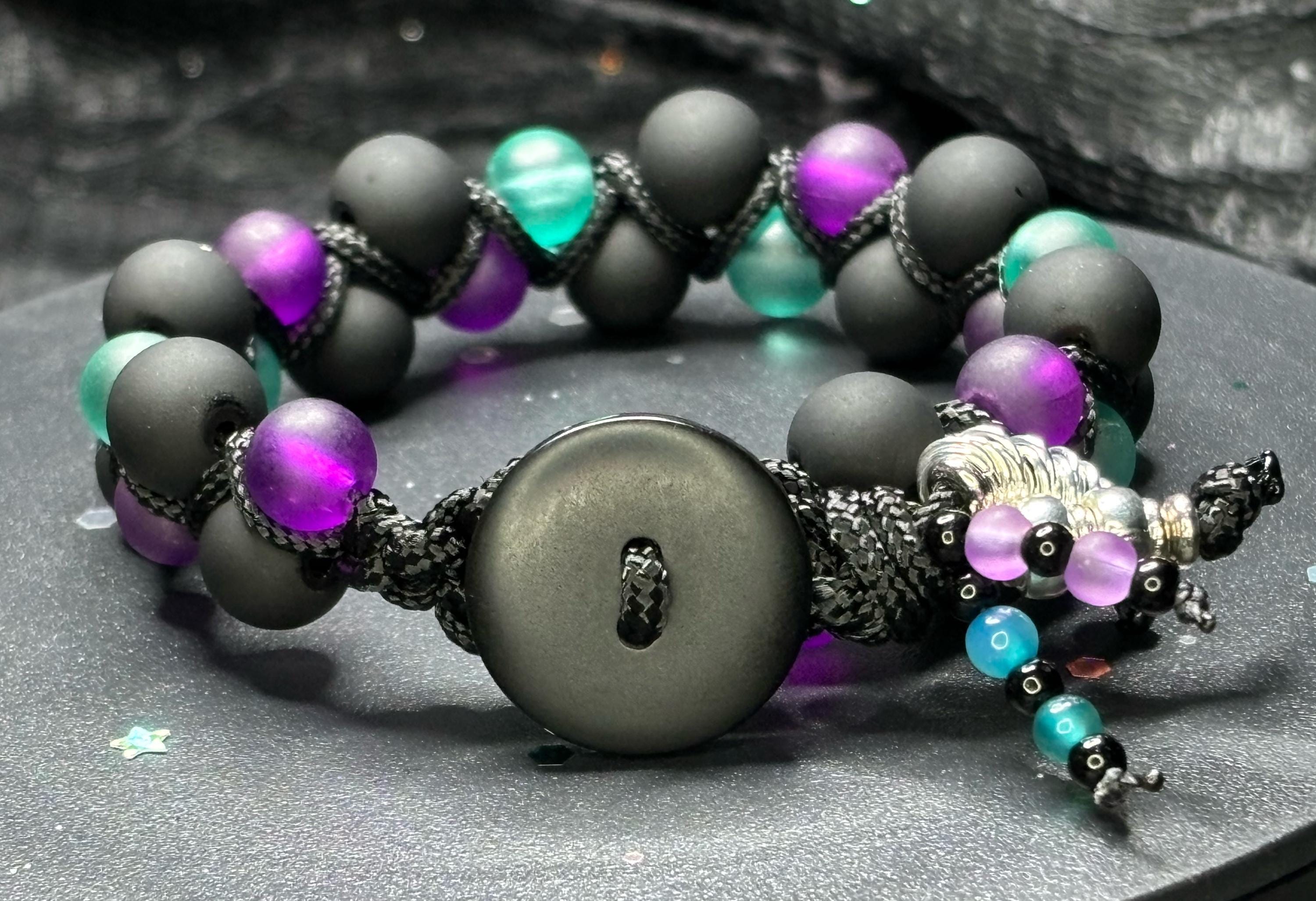 Black Cord Glass Bead Bracelet – Purple and Teal Awareness Colors | Handmade Support Gift | Domestic Violence & Suicide Awareness Jewelry