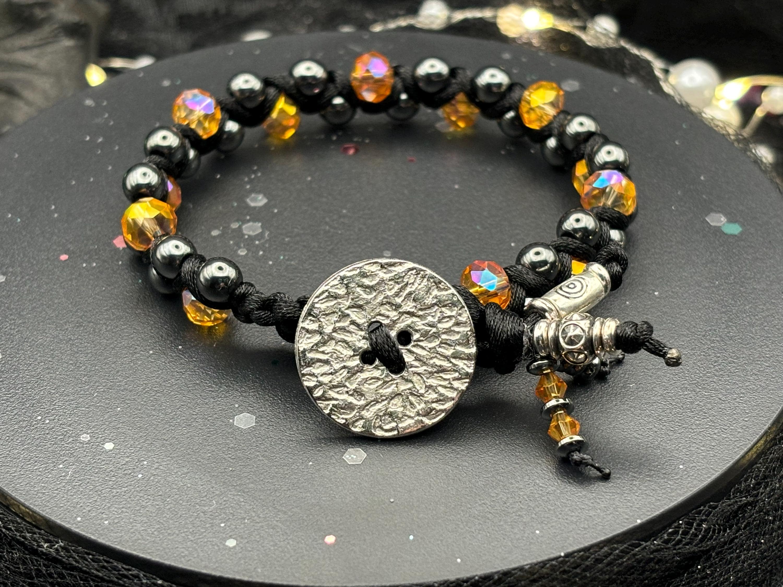 Burnt Gold Hematite Macramé Bracelet – Crystal Glass + Button Closure | Barely Cursed Jewelry