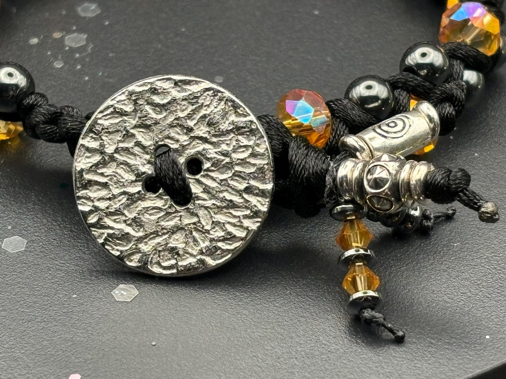 Burnt Gold Hematite Macramé Bracelet – Crystal Glass + Button Closure | Barely Cursed Jewelry