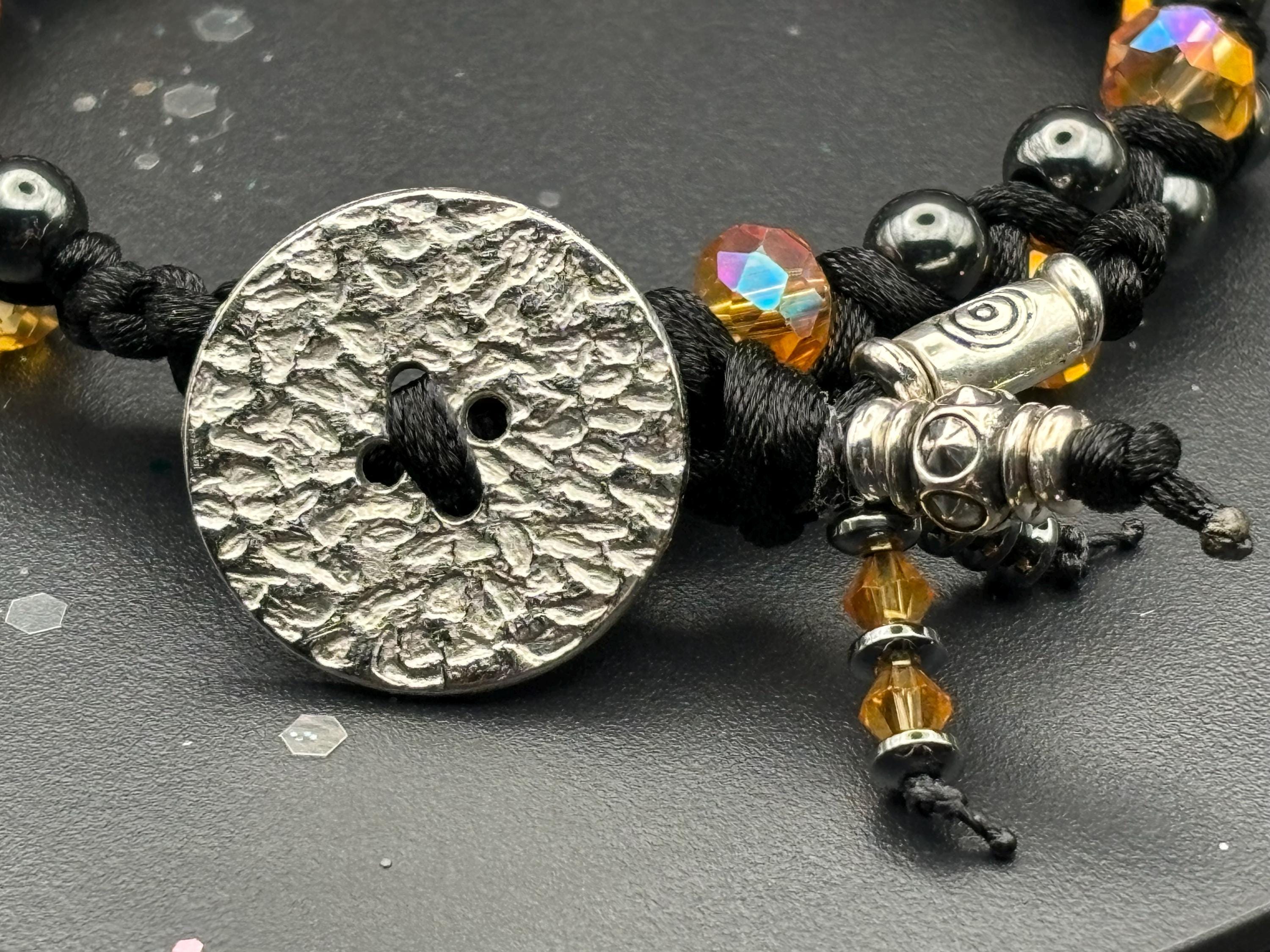 Burnt Gold Hematite Macramé Bracelet – Crystal Glass + Button Closure | Barely Cursed Jewelry