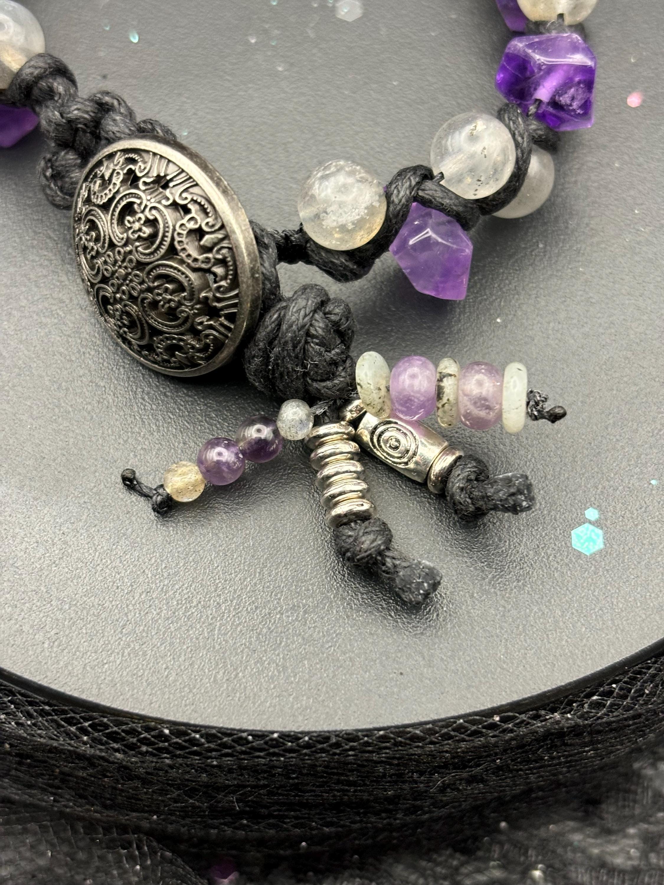 Barely Cursed Amethyst & Labradorite Macramé Bracelet – Hand-Knotted Gemstone Jewelry with Filigree Button Closure