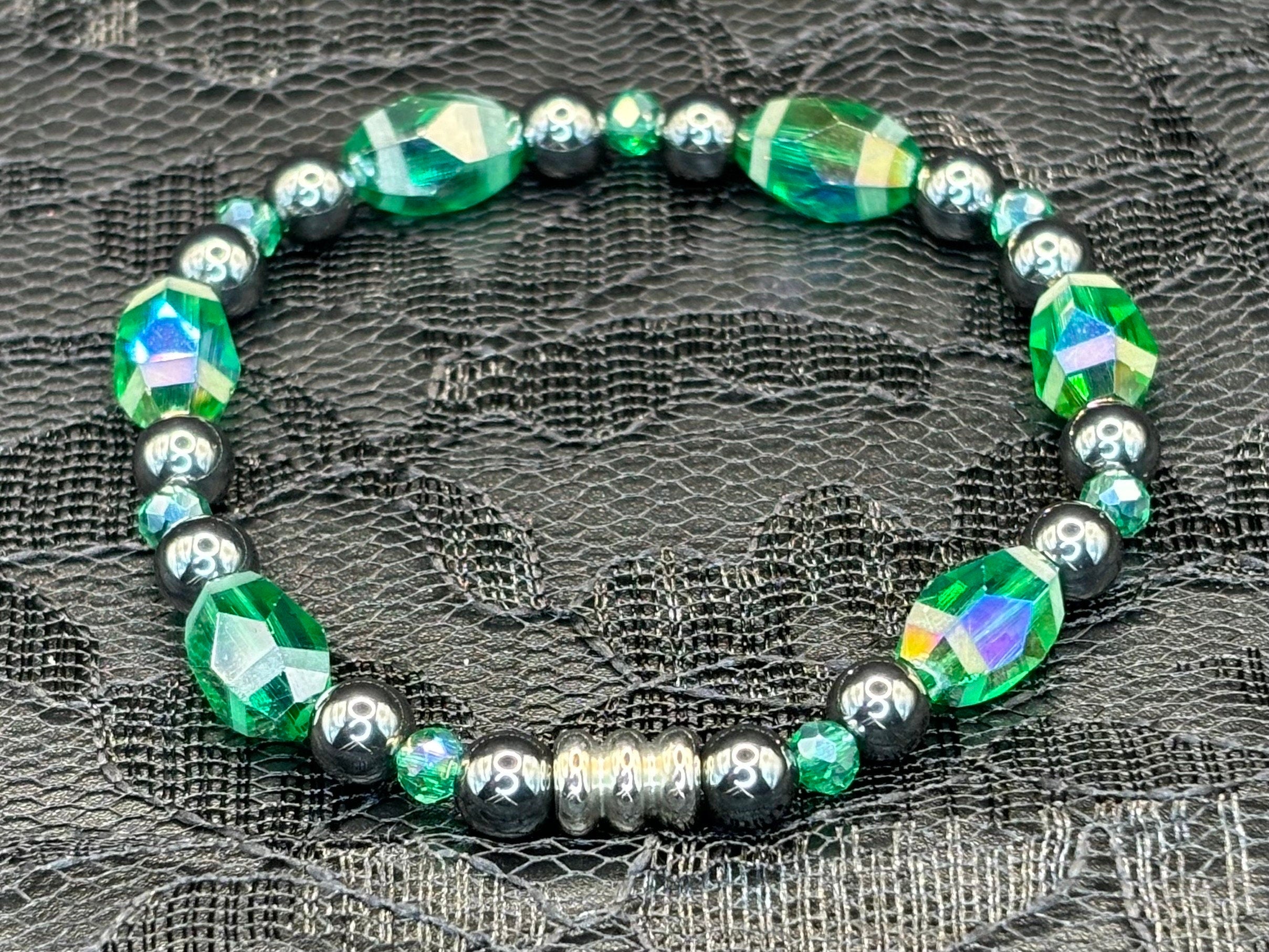 Emerald Gleam Duo – Hematite & Crystal Glass Bracelet Set