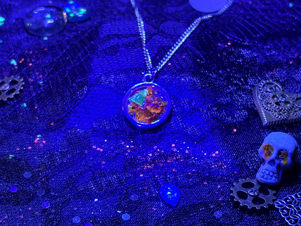 Crushed Uranium Glass Pendant – Glows Under UV | Atomic Orange Statement Necklace | Barely Cursed Jewelry
