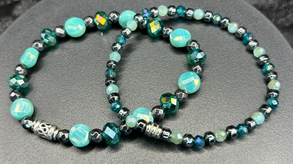 Barely Cursed Duo: Teal Crystal & Hematite Bracelets (Locally Sourced Glass Beads)
