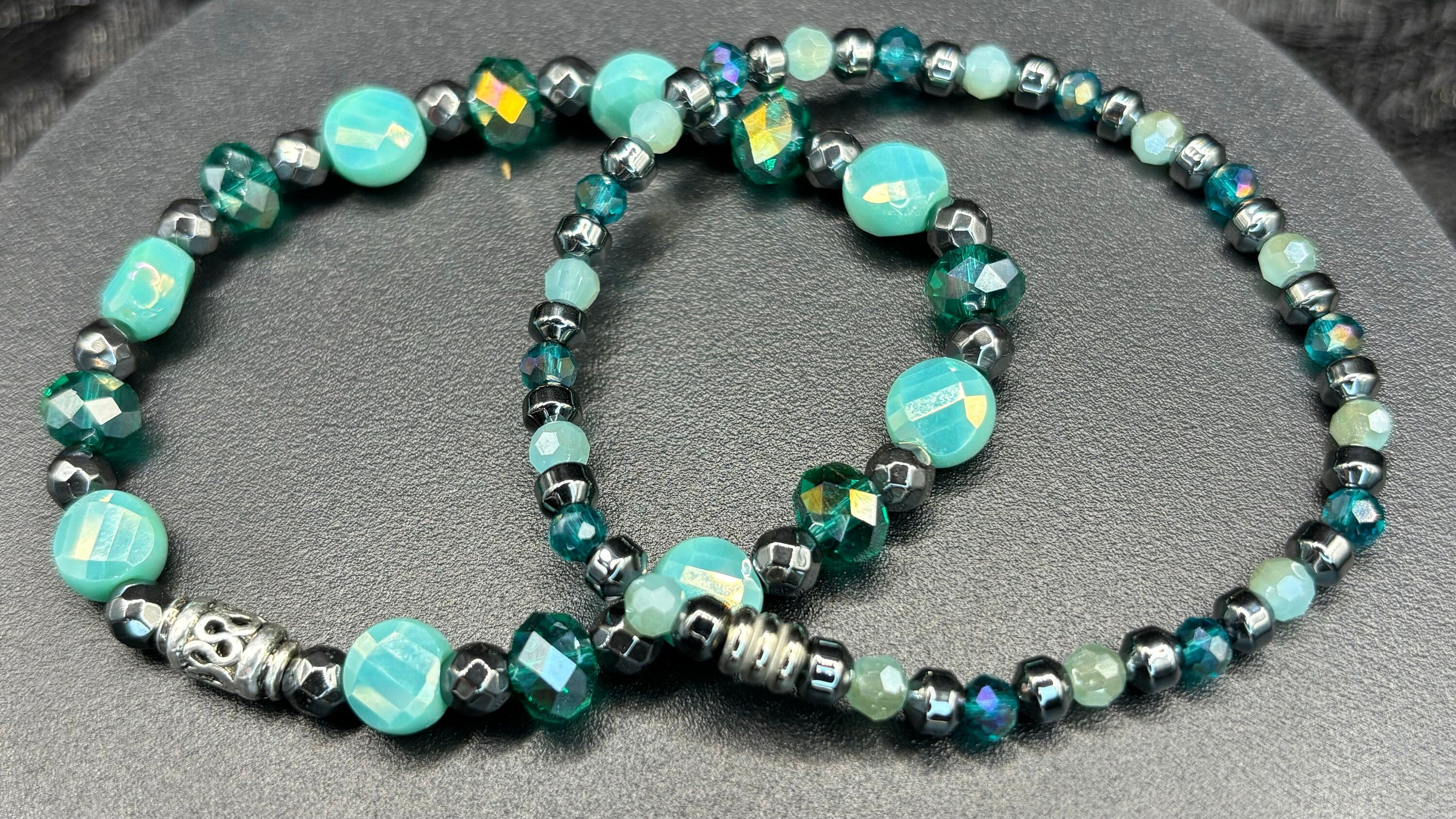 Barely Cursed Duo: Teal Crystal & Hematite Bracelets (Locally Sourced Glass Beads)