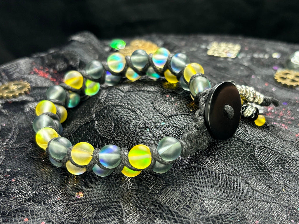 Iridescent Glass Bead Bracelet: Yellow, Gray, & Silver - Barely Cursed™