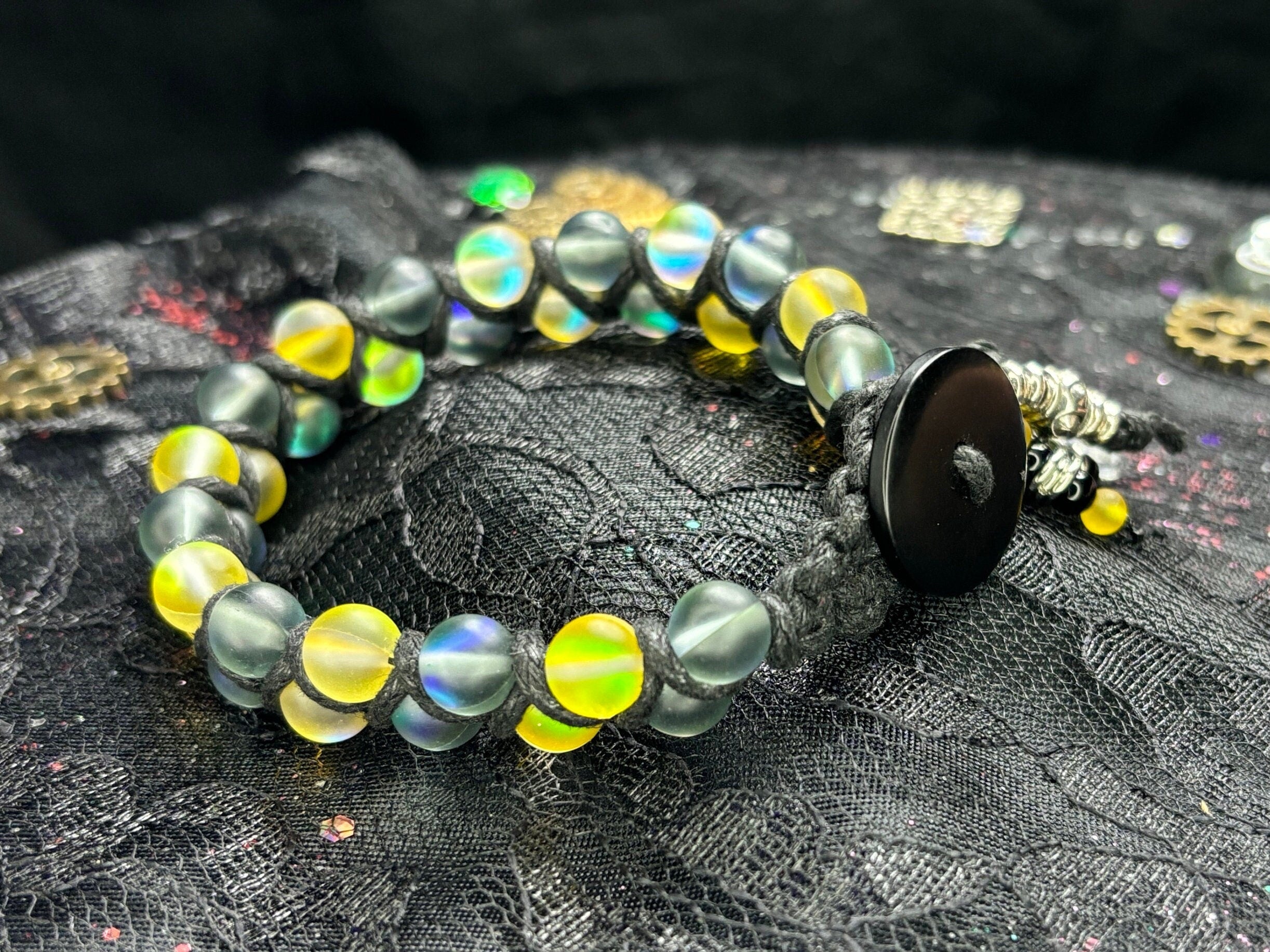 Iridescent Glass Bead Bracelet: Yellow, Gray, & Silver - Barely Cursed™