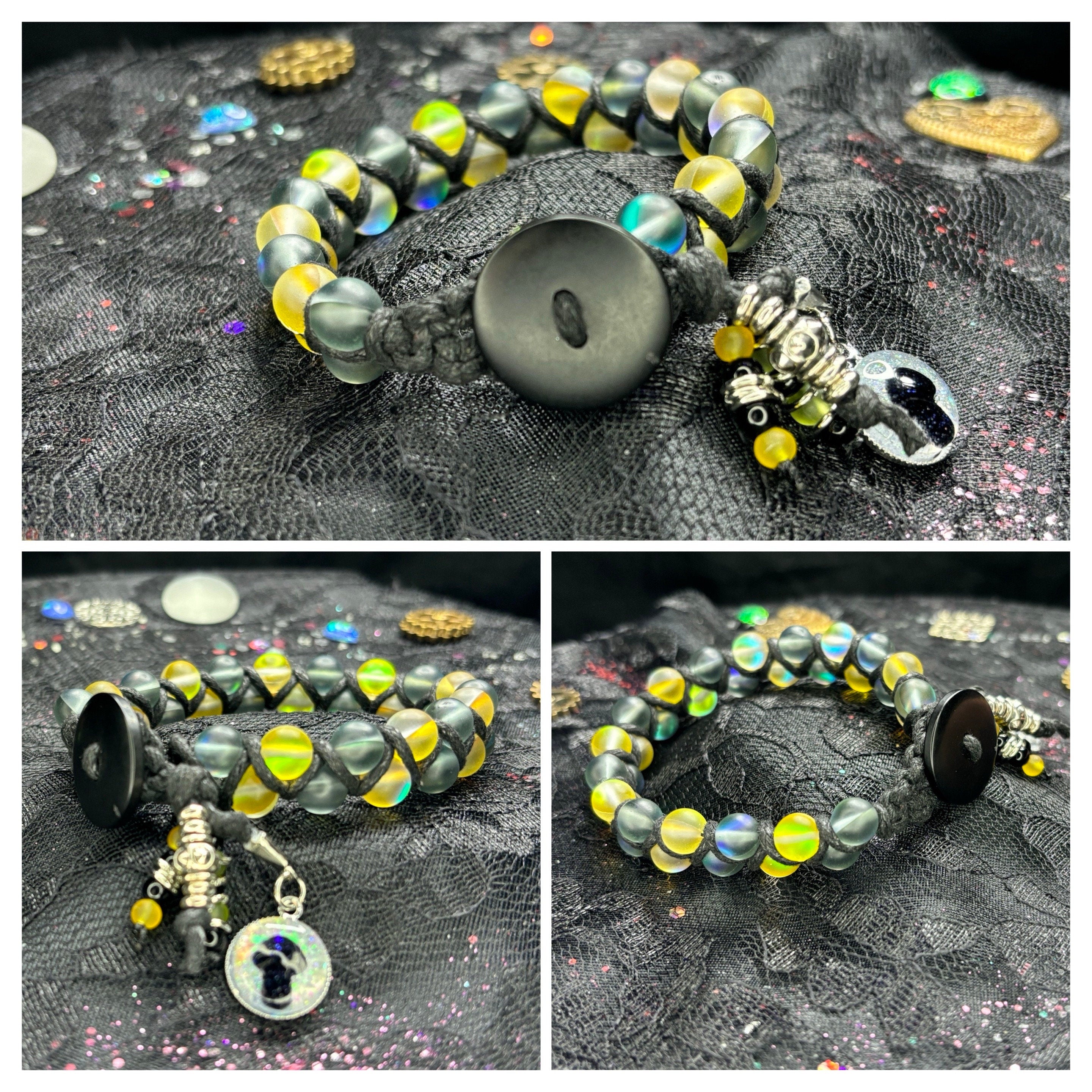 Iridescent Glass Bead Bracelet: Yellow, Gray, & Silver - Barely Cursed™