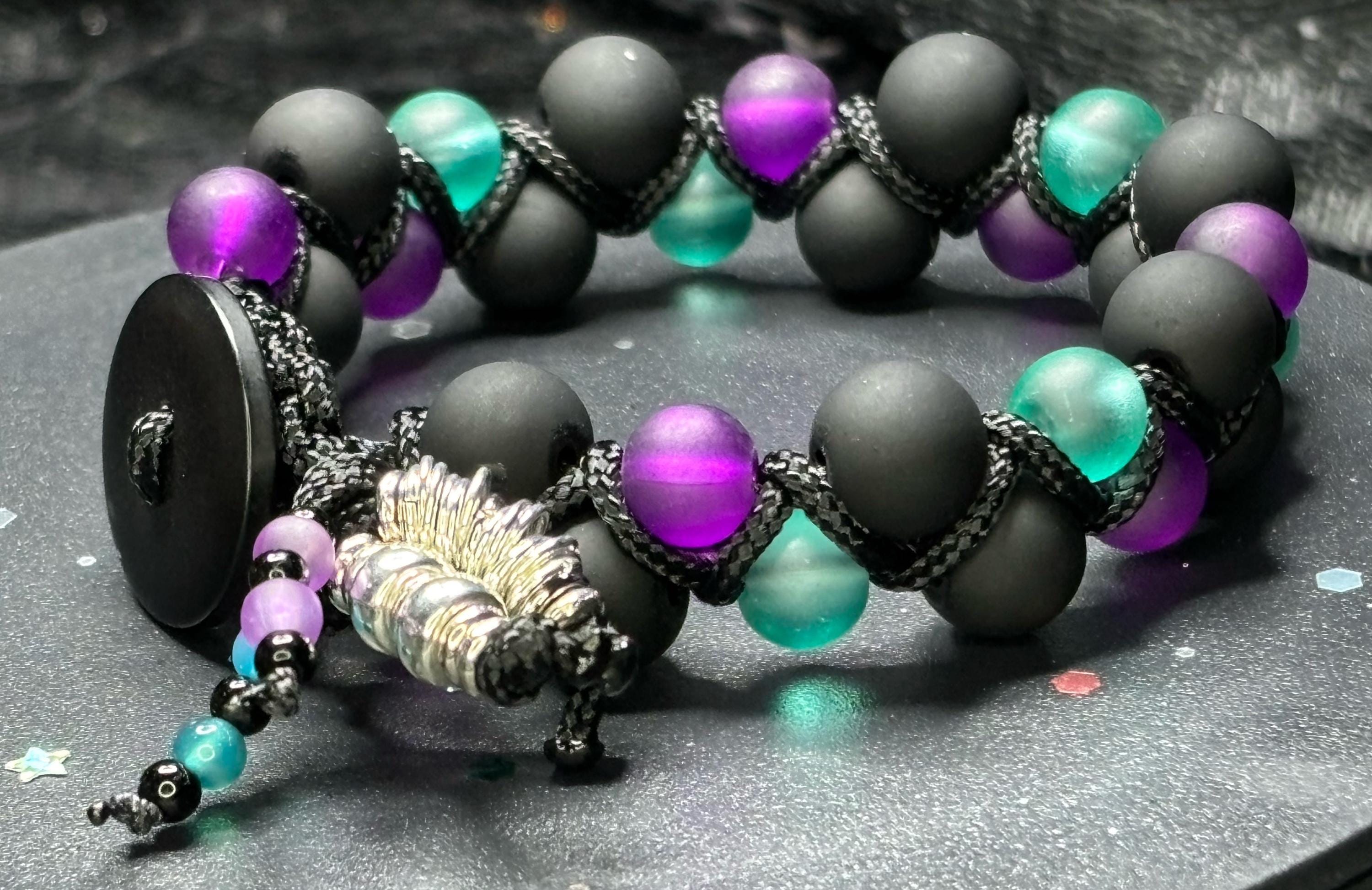 Black Cord Glass Bead Bracelet – Purple and Teal Awareness Colors | Handmade Support Gift | Domestic Violence & Suicide Awareness Jewelry