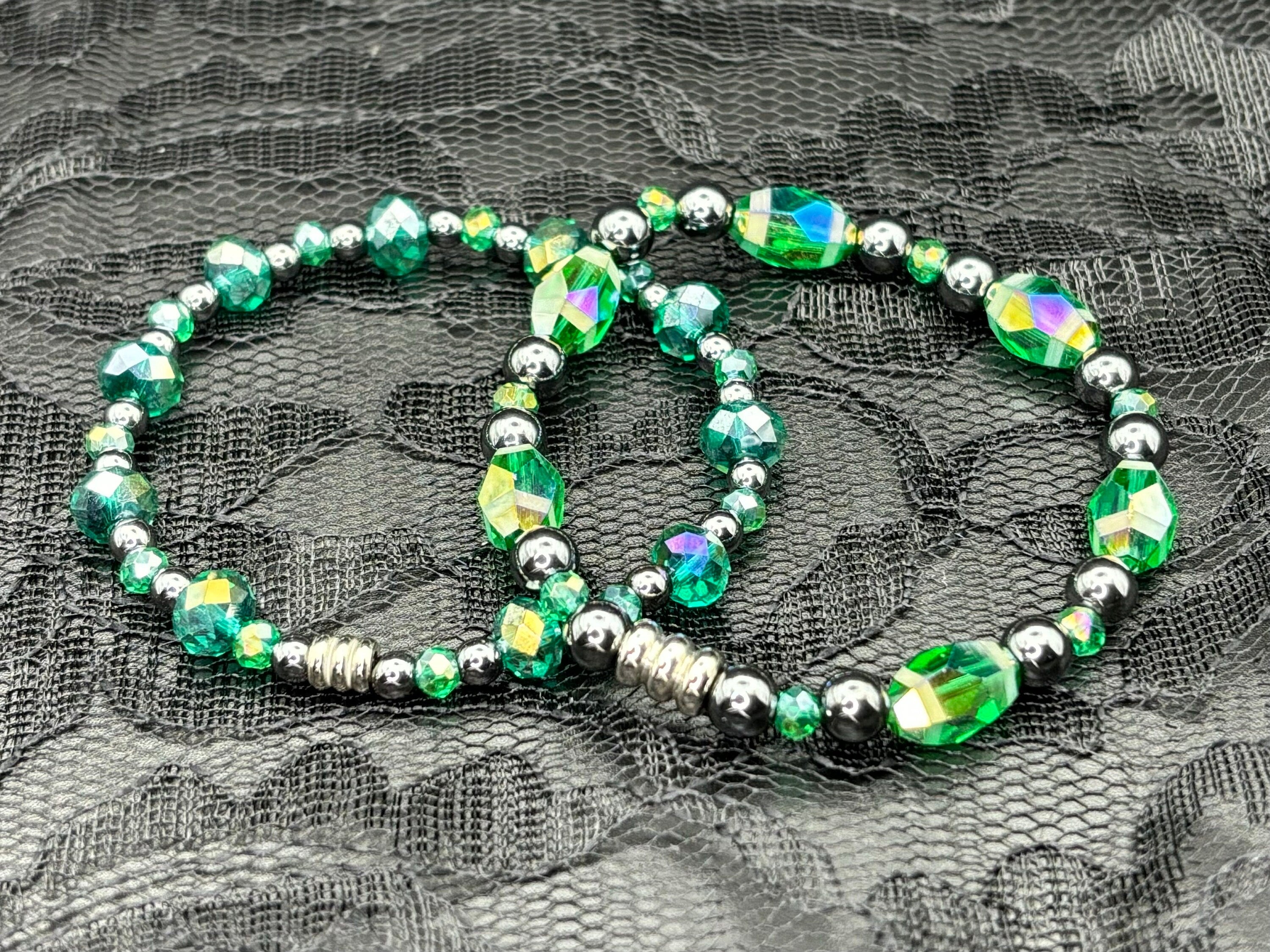 Emerald Gleam Duo – Hematite & Crystal Glass Bracelet Set