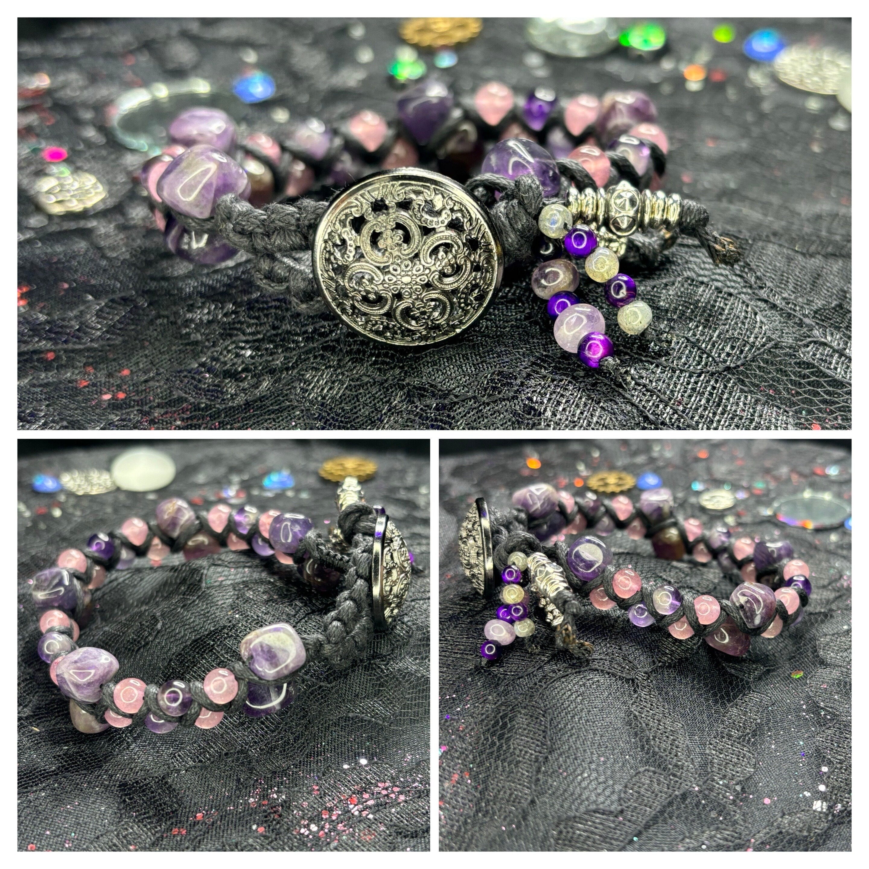 Macrame Crystal Bracelet: Strawberry Quartz, Amethyst & Purple Tiger's Eye