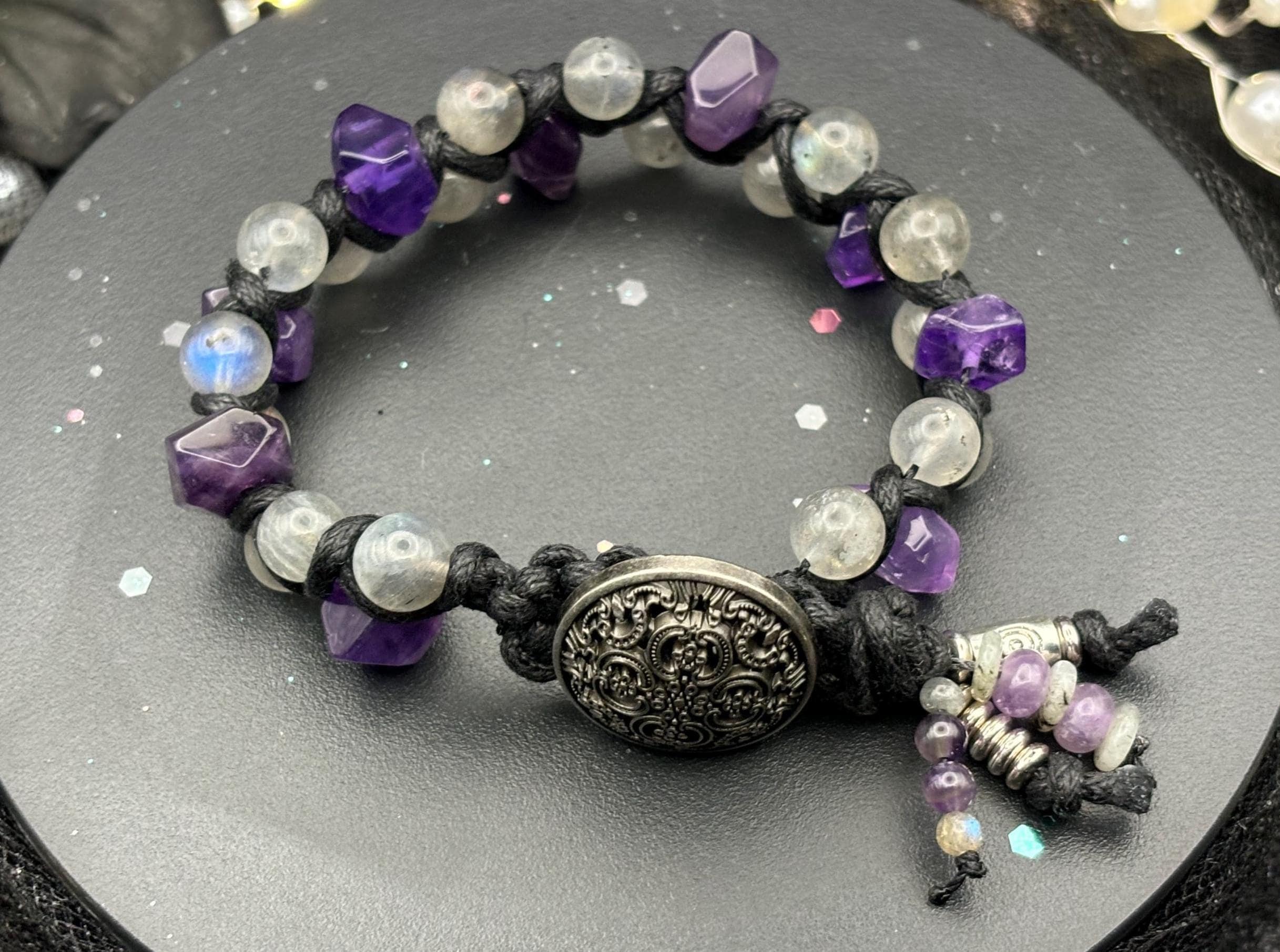 Barely Cursed Amethyst & Labradorite Macramé Bracelet – Hand-Knotted Gemstone Jewelry with Filigree Button Closure