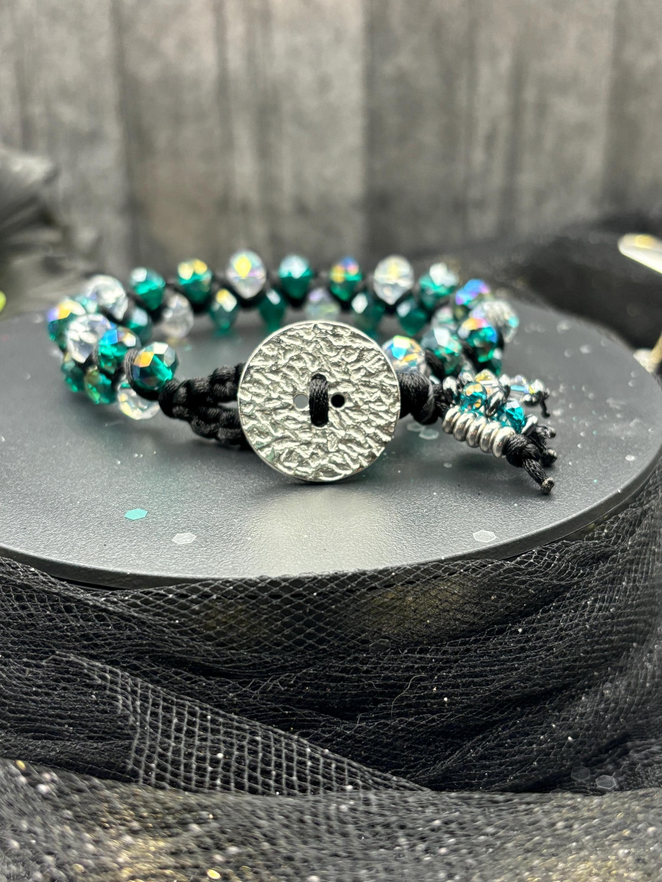Forest Prism – Braided Crystal Glass & Hematite Macramé Bracelet