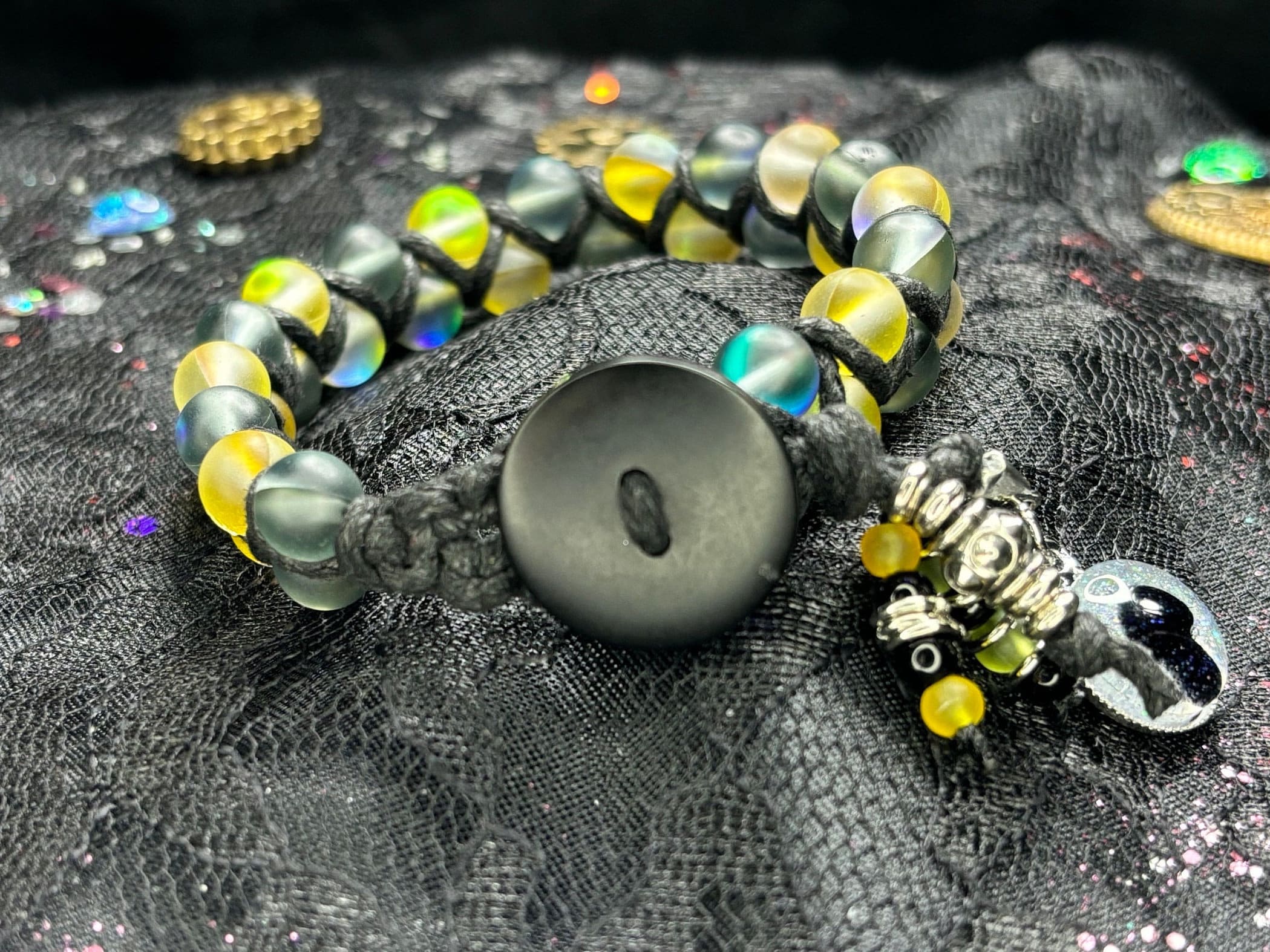 Iridescent Glass Bead Bracelet: Yellow, Gray, & Silver - Barely Cursed™