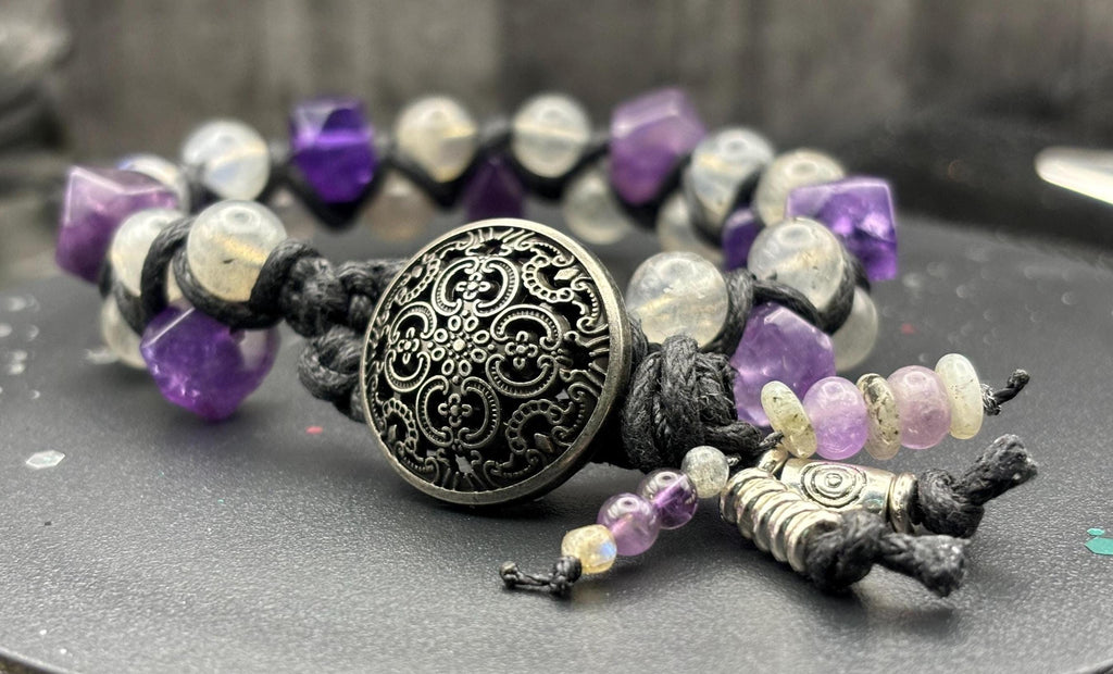 Barely Cursed Amethyst & Labradorite Macramé Bracelet – Hand-Knotted Gemstone Jewelry with Filigree Button Closure
