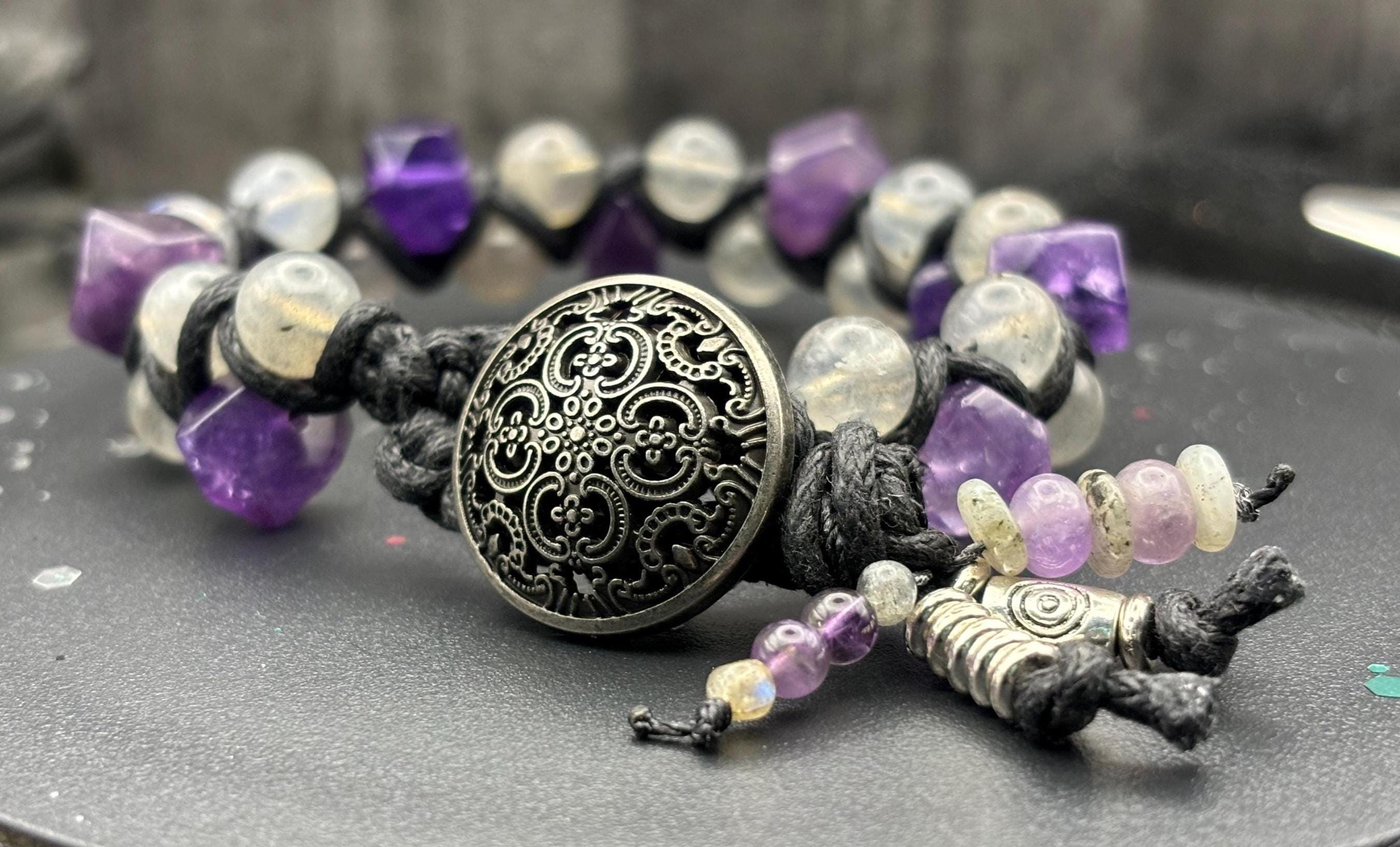 Barely Cursed Amethyst & Labradorite Macramé Bracelet – Hand-Knotted Gemstone Jewelry with Filigree Button Closure