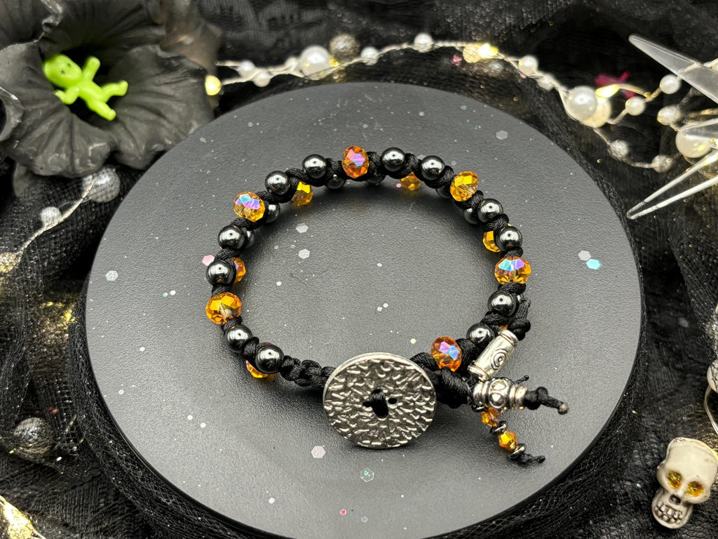 Burnt Gold Hematite Macramé Bracelet – Crystal Glass + Button Closure | Barely Cursed Jewelry