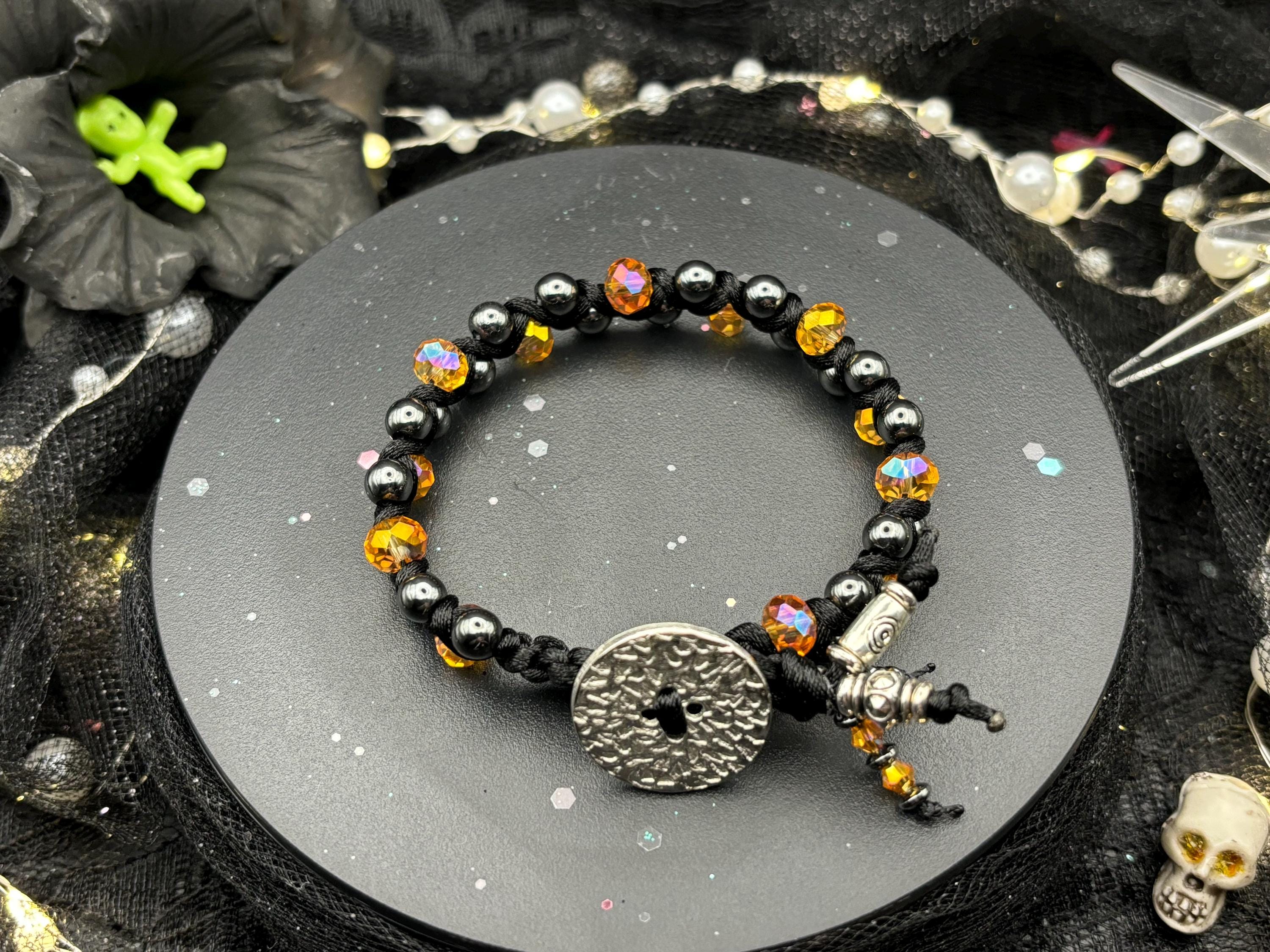 Burnt Gold Hematite Macramé Bracelet – Crystal Glass + Button Closure | Barely Cursed Jewelry