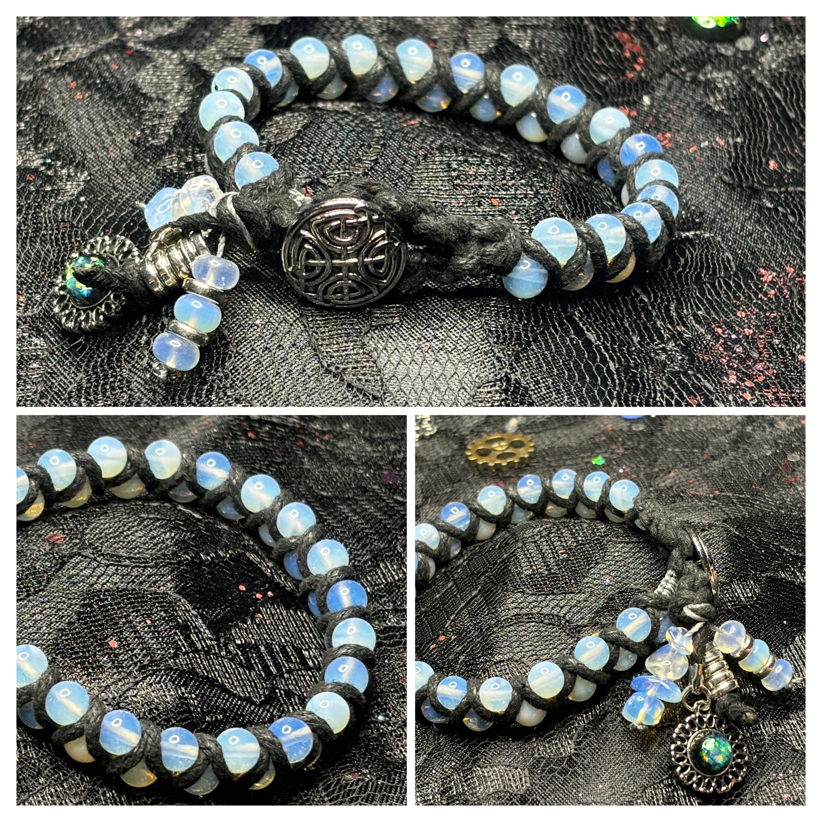 Opaline Moon Bead Macrame Bracelet: Celtic Knot Clasp, Witchcore Jewelry
