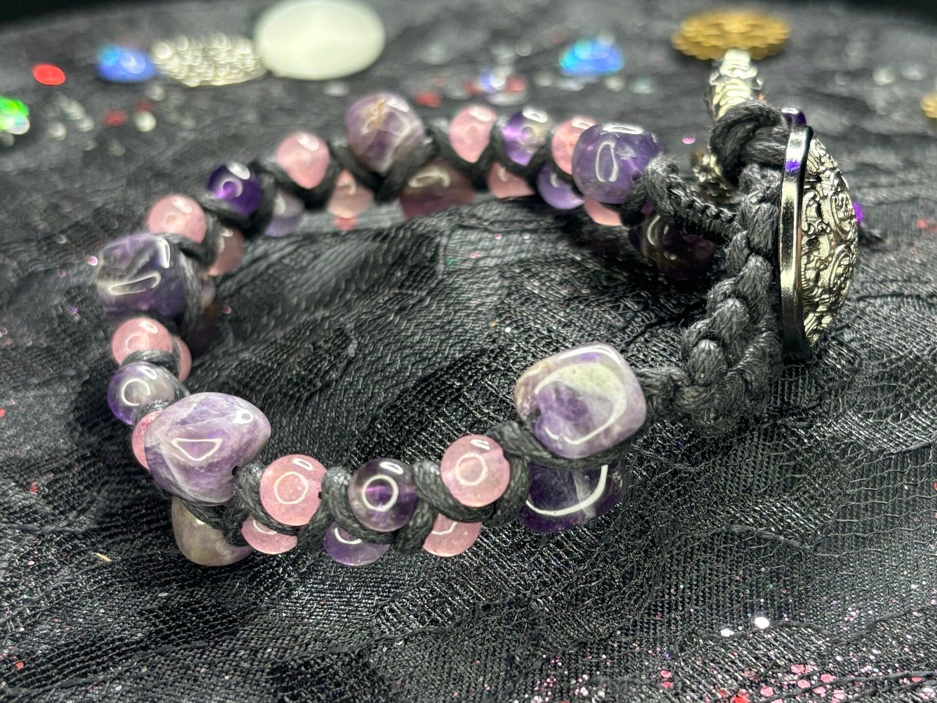 Macrame Crystal Bracelet: Strawberry Quartz, Amethyst & Purple Tiger's Eye