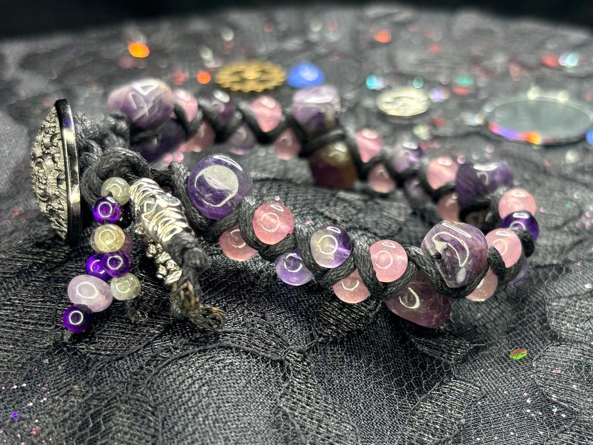 Macrame Crystal Bracelet: Strawberry Quartz, Amethyst & Purple Tiger's Eye